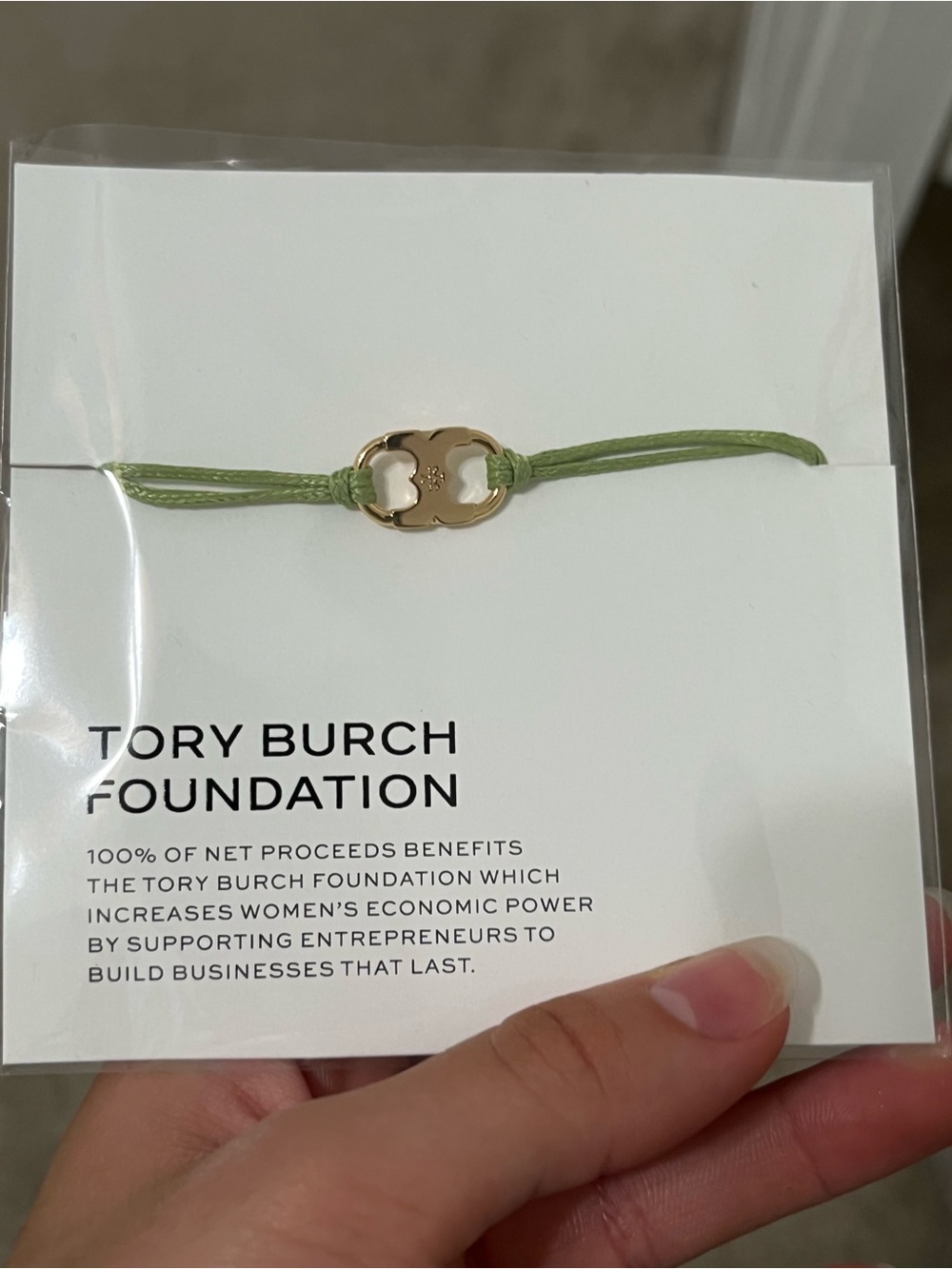 Tory Burch Gold Double-T Bracelet with Light Green Cord